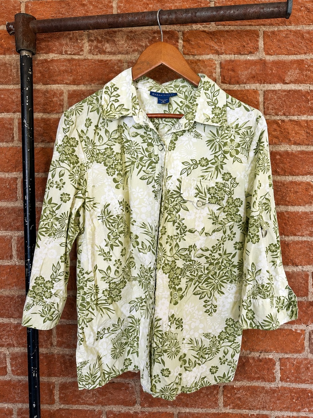 Karen Scott Botanical Floral 100% Cotton Roll Tab Button Down Shirt